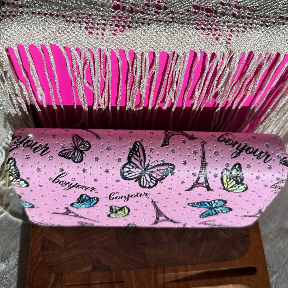 “Blu Crush” Pink & sparkle Double Zip Long Wallet Eiffel Tower Butterflies NWOT - Picture 5 of 8